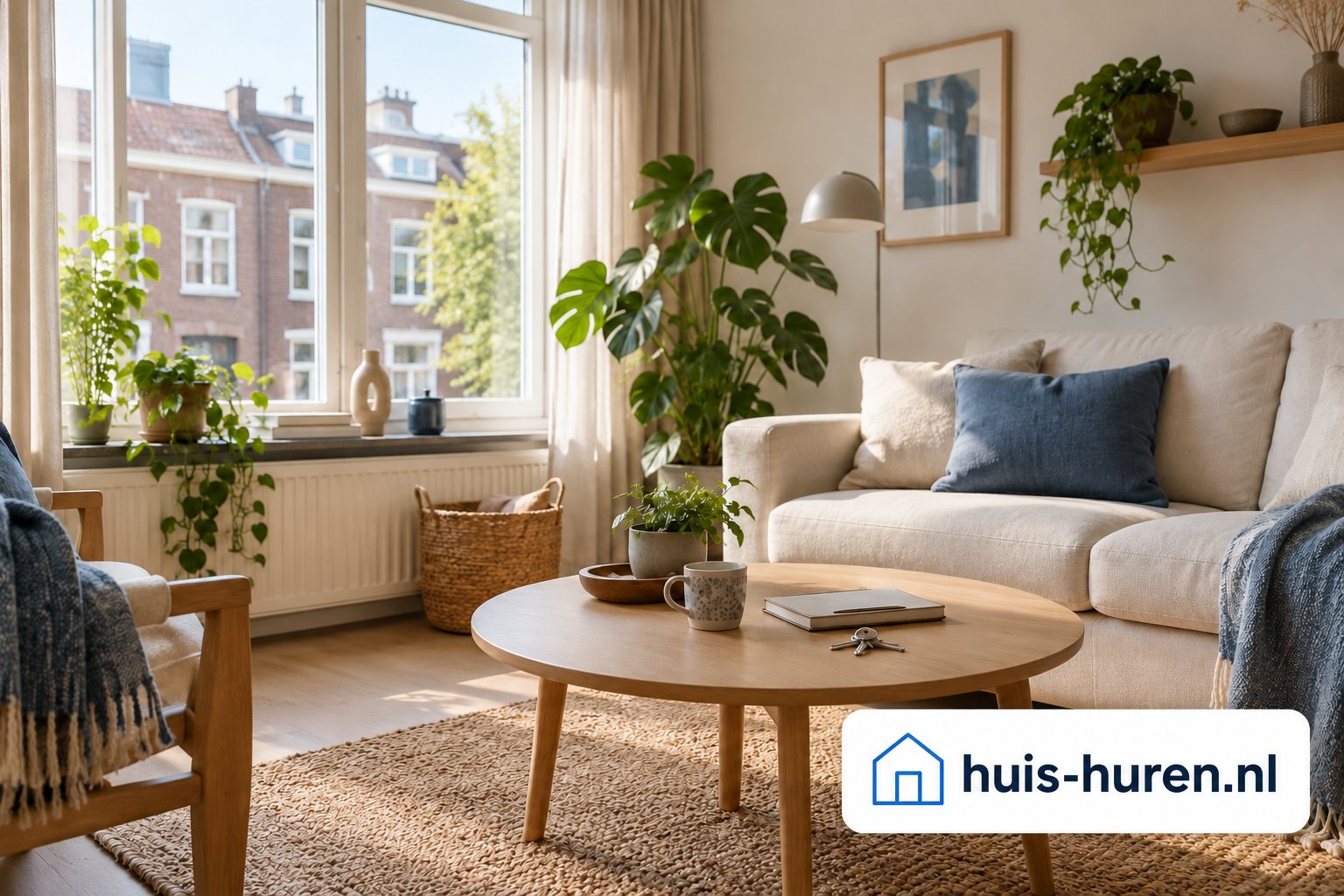 Lichte woonkamer met een comfortabele bank, planten en een notitieboek voor je woonwensen en het Huis-Huren-logo